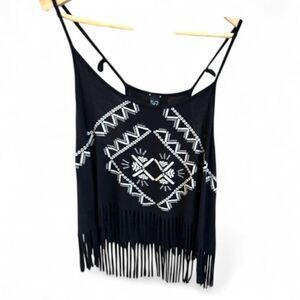 Windsor (L) Black Fringe Tank Top – Boho Festival Style with Embroidered Design